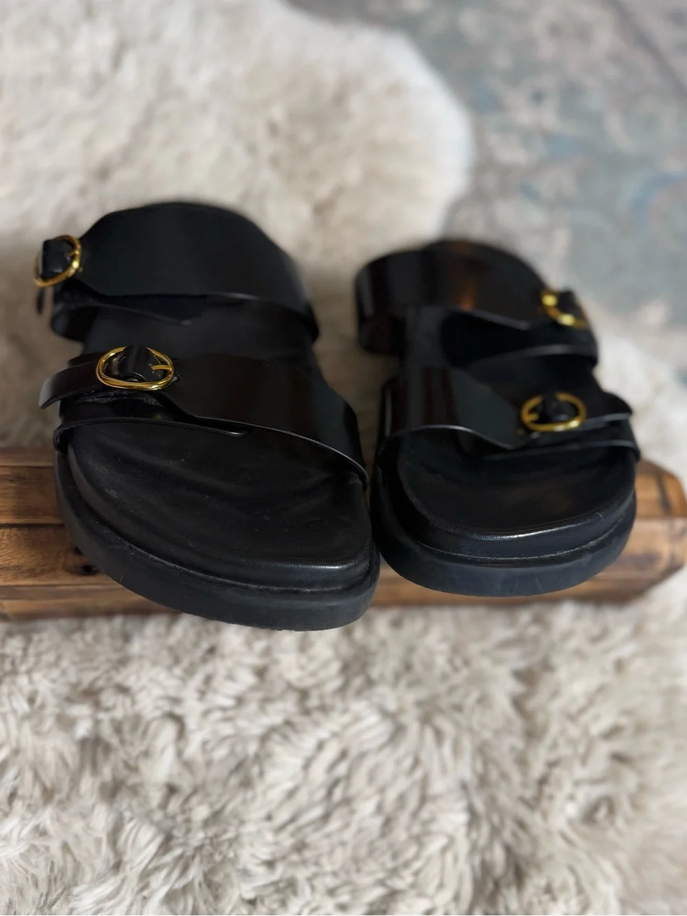 Zara Black Slide Sandals with Gold Buckles - Women's 39 - Picture 5 of 11